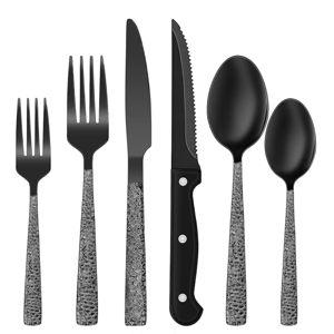 EQFEN Black Hammered Edge Silverware Set, 24-Piece Stainless Steel Square Flatware Set with Steak Knives for 4