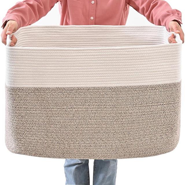 ICERZCZ Extra Large Blanket Basket Living Room, Rectangle Storage Basket, Large Woven Baskets for Storage, Cotton Rope Basket for Toys, Clothes, White and Brown - 25”x16”x16” (108L)