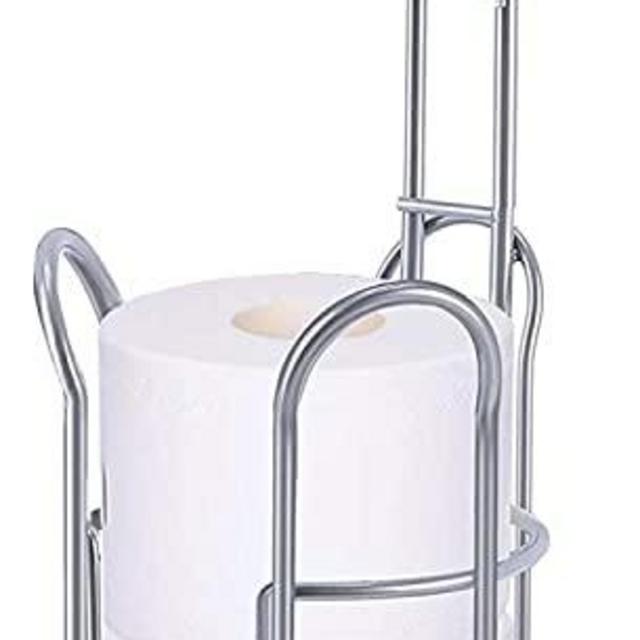 LEHOM Toilet Paper Roll Holder Stand, Upgraded Free Standing Bathroom Toilet Paper Tissue Holders Dispenser with Shelf and Storage for 3 Mega Rolls, Silver Grey