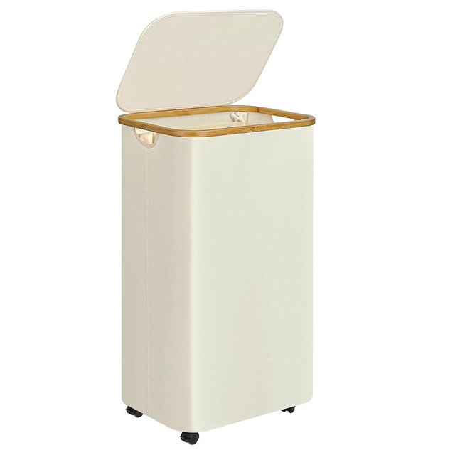 Large Laundry Basket with Wheels,100L Hampers for Laundry,Freestanding Laundry Hamper with Lid and Bamboo Handles,Collapsible & Waterproof Tall Cloth Hamper for Dorm Family(Beige)