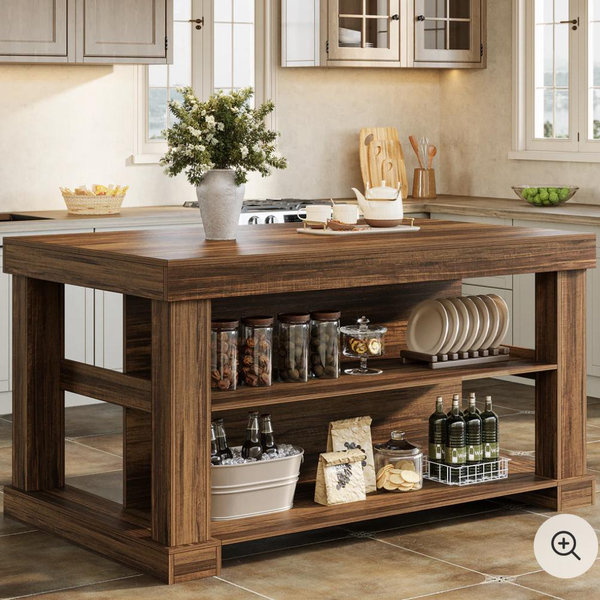 rustic brown 55" Kitchen Island, Farmhouse Stationary Island Unit with 2-Tier Storage