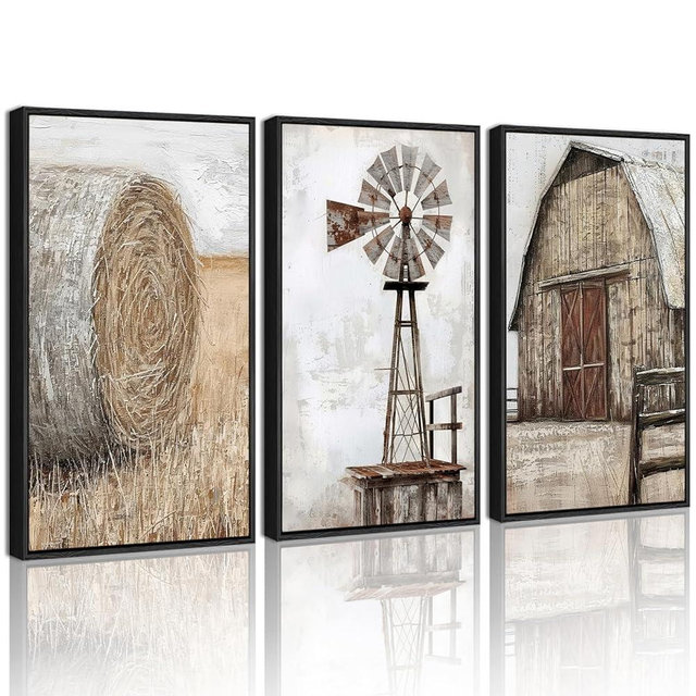 Drsoum Farmhouse Wall Art Vintage Rustic Windmill Barn Cornfield Pictures Framed Painting Landscape Countryside Rural Canvas Artwork Home Decor Ready to Hang 16x24in - Black Framed