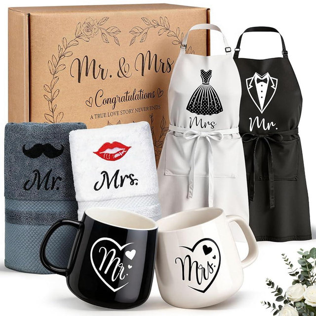 TUZELIYA Wedding Gifts for Couples, Bridal Shower Gift for Bride To Be, Engagement Gifts for Newlyweds, His and Hers Mr and Mrs Anniversary Set with Aprons, Coffee Mugs and 100% Cotton Towels
