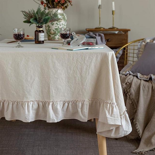 Glory Season Retro Farmhouse Ruffle Tablecloth Cotton Flounces Trim Washable Table Cover Tablecloths for Rectangle Table Baby Shower Kitchen Party Wedding Decor Off-White, 60''x120''