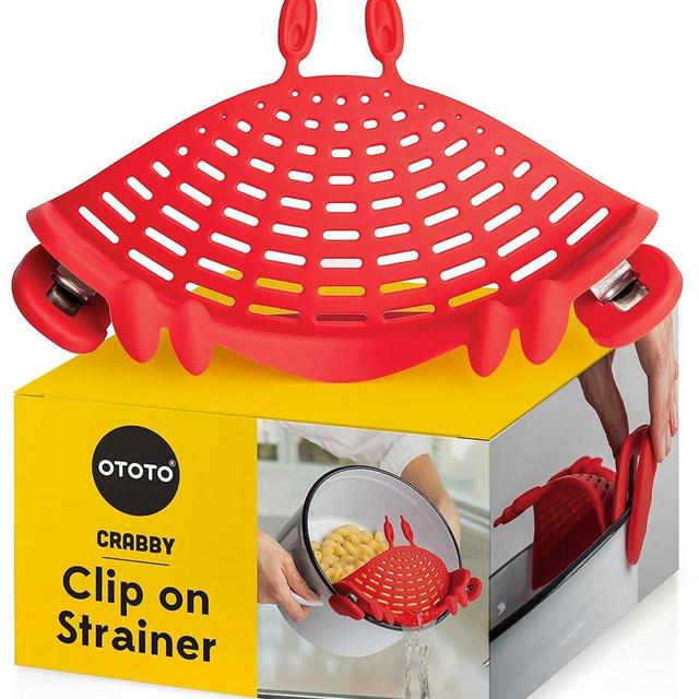 NEW!! Crabby Clip-On Strainer by OTOTO - Red Crab Pasta Strainer, Noodle Strainer for Pots, Pans, and Bowls, Cute Kitchen Accessories, Cool Kitchen Gadgets, Food Strainer for Meat, Vegetables (Red)