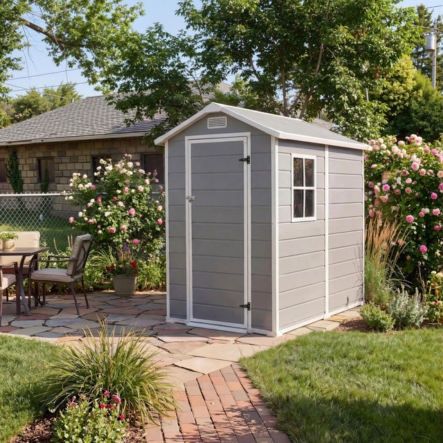 4x6 FT Outdoor Storage Shed with Floor,Plastic Resin Garden Shed with Window & Sloping Roof&Lockable Door for Patio Backyard,Lawn Mower,Tool Storage