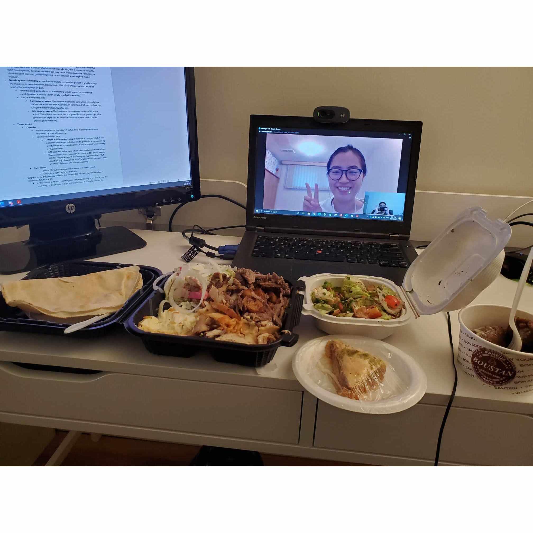 We spent 5 years of our relationship long distance - between Toronto, Hamilton, and Montreal. We would have countless dates over video call and order food for each other!