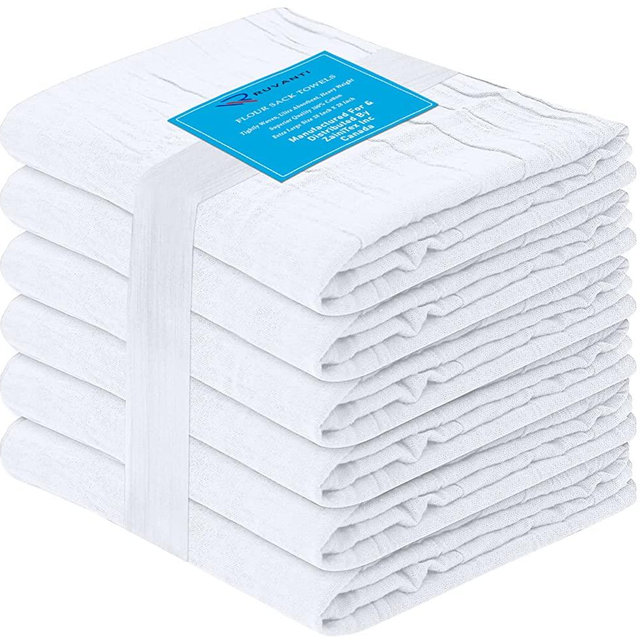 RUVANTI 6 Pack Flour Sack Towels 28x28 Inch, 100% Ring Spun Cotton Tea Towels, Machine Washable. Highly Absorbent, Perfect for Dish Drying, Cleaning - White