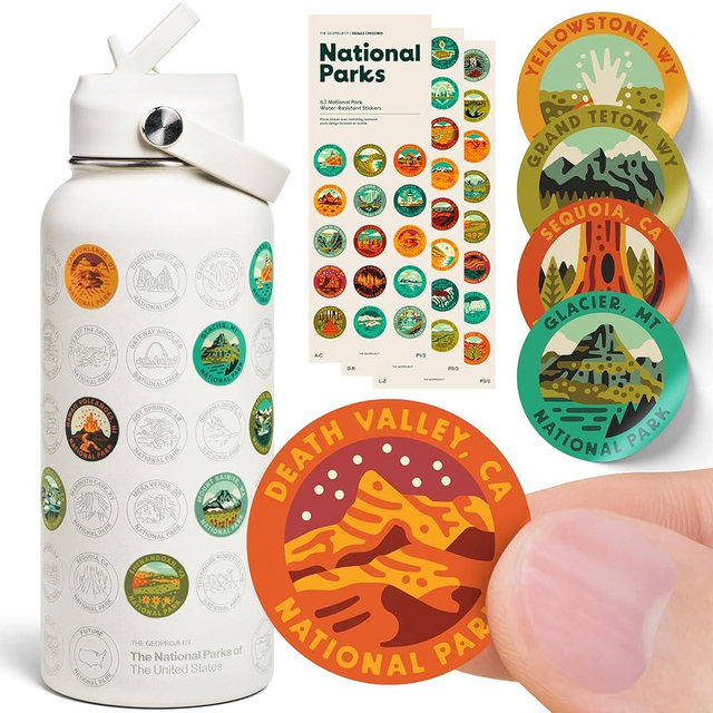 THE GEOPROJECT National Parks Water Bottle with Stickers Kit, Erikas Chesonis Collaboration, Adventure Flask with Straw, Waterproof Stickers for Water Bottle, Insulated Stainless Steel 32oz (Tan)