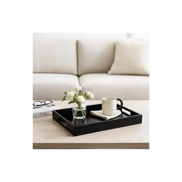 Minimalist Wood Tray with Glass Surface and Handles for Centerpiece Decoration - Classic Tray for Trinkets, Jewelries, or Bathroom Vanity - 18" Black