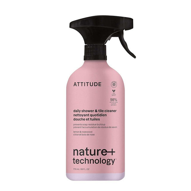 ATTITUDE Shower & Tile Cleaner Spray, EWG Verified, Bathroom Cleaner Removes Soap Scum & Grime, Plant-Based & Vegan, Lemon & Rosewood Scent, 26 Fl Oz