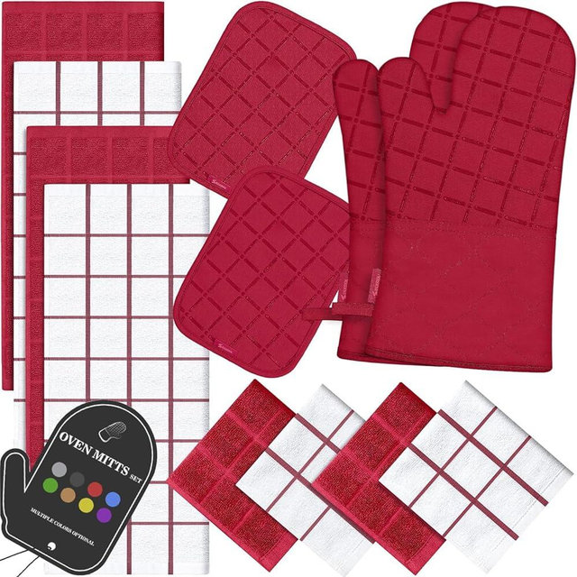 BSKSSK Oven Mitts Kitchen Towels and Dishcloths Pot Holders Sets, Oven Gloves Kitchen Dish Towels 500 Degree Heat Resistant Potholders with Non-Slip Silicone Surface for Cooking, Grilling, Baking-Red