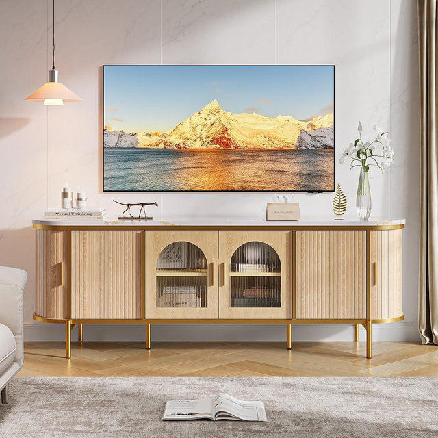OneBlis 70" Modern Fluted TV Stand, Entertainment Center with Reeded Glass Door, Ajustable Shelves & Sliding Doors, TV Console with Large Storage Space, Media Console for Living Room, Oak