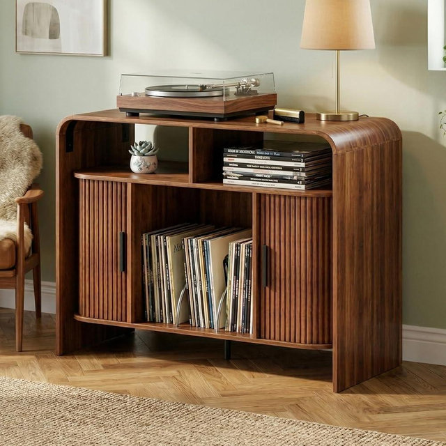 zofiauai Vinyl Record Player Stand with Sliding Doors, Small Fluted Record Storage Cabinet, Mid Century Modern Turntable Stand, Wood Media Cabinet with Open Shelves, Living Room, Vintage, Walnut