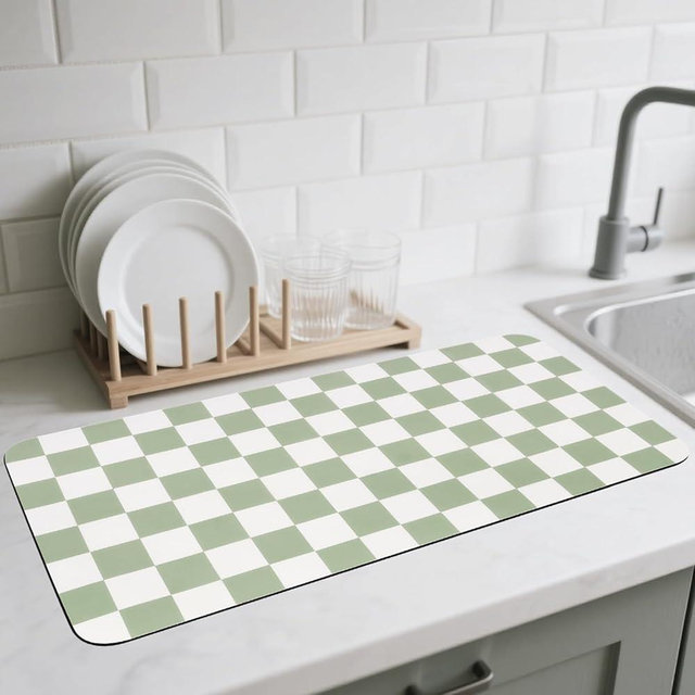 CooRug Checkered Dish Drying Mat, Absorbent Coffee Bar Mat for Kitchen Counter Dish Rack Espresso Machine 17" x 32" Green