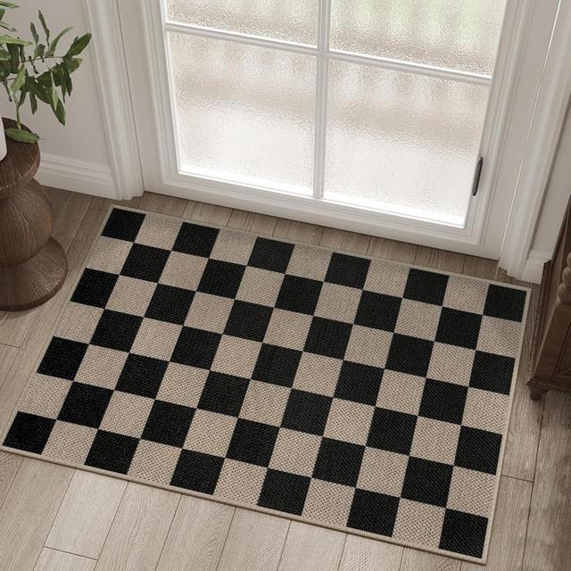 Rugalia Easy Jute Checkered Entryway Rug, 2x3 Black Modern Indoor Outdoor Doormat, Washable Non-Slip Small Kitchen Rug Farmhouse Checkerboard Throw Rugs for Entrance Bedroom Bathroom