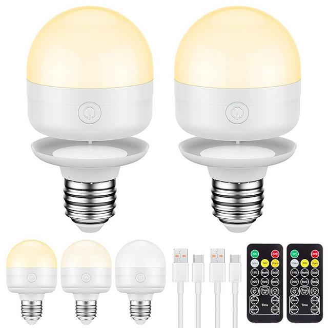 SCOPOW E26 Rechargeable Light Bulbs with Remote Control Timer and 3 Color Temperature,350LM,Magnetically,Battery Operated Light Bulbs,Dimmer,for Non-Hardwired (E26, 2)