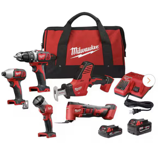 Milwaukee M18 18V Lithium-Ion Cordless Combo Kit (5-Tool) with (2) Batteries, Charger and Tool Bag 2694-25