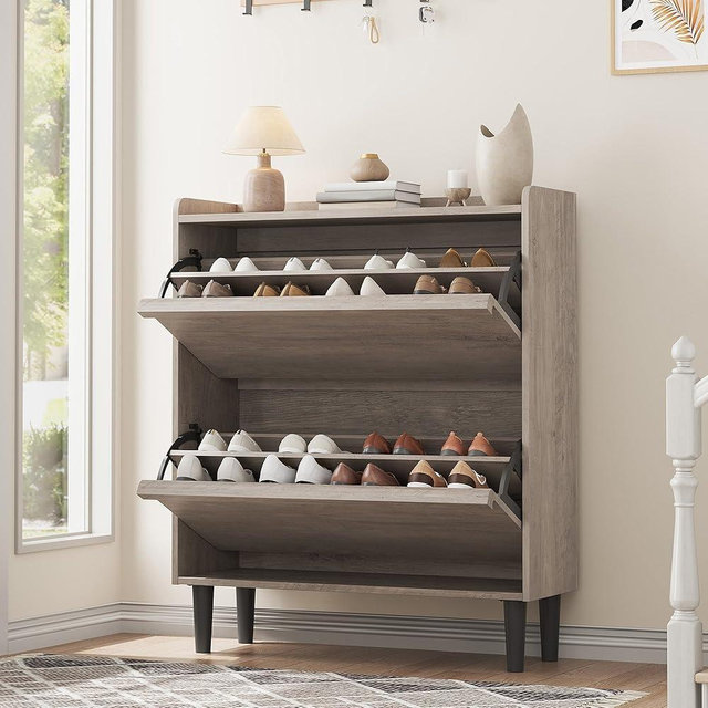 GarveeHome Shoe Cabinet with 2 Flip Drawers, Wooden Shoe Organizer with Adjustable Shelf, Shoe Storage for Entryway, Hidden Shoe Cabinet for Hallway, Living Room, Grey