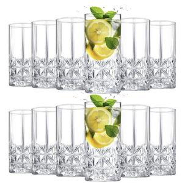 Uiifan Set of 12 Tall Highball Glasses 12 oz Crystal Drinking Glasses Clear Fancy Cups Vintage Textured Designer Glassware for Cocktail Tea Water Beer Soda Beverages, Dishwasher Safe(Stylish Style)