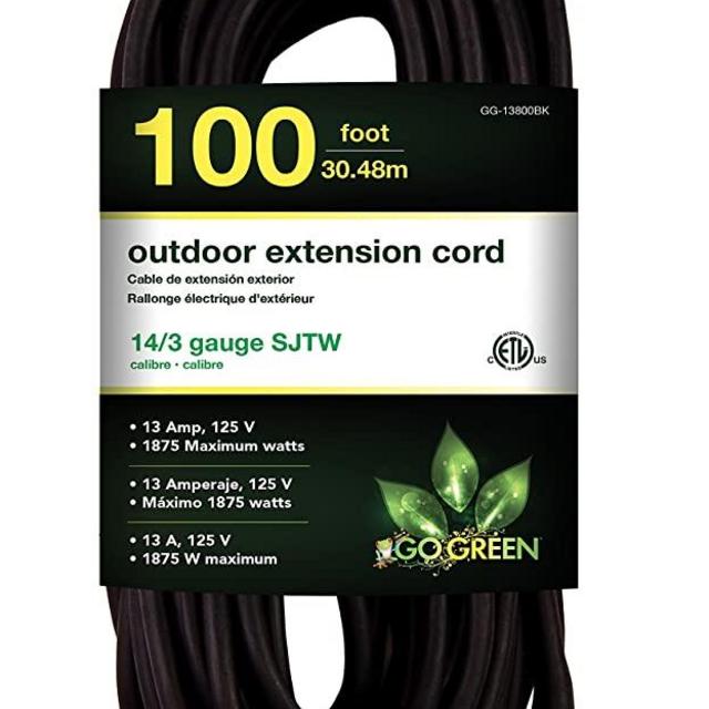 GoGreen Power GG-13800BK - 14/3 100' SJTW Outdoor Extension Cord - Black