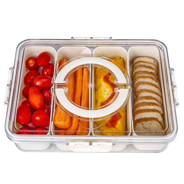 Bandesun Divided Serving Tray with Lid and Handle - Snackle Box Charcuterie Container for Portable Snack Platters - Clear Organizer for Candy, Fruits, Nuts, Snacks,4-Grid