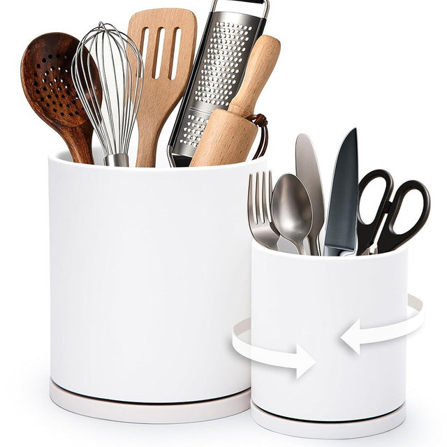 D'vine Dev 360° Rotating Utensil Holder Set – 7.2"+5" Kitchen Utensil Crocks for Countertop, Modern Cooking Tool Organizers for Kitchen Storage +Décor, White, Set of 2, 72-Z-A-1