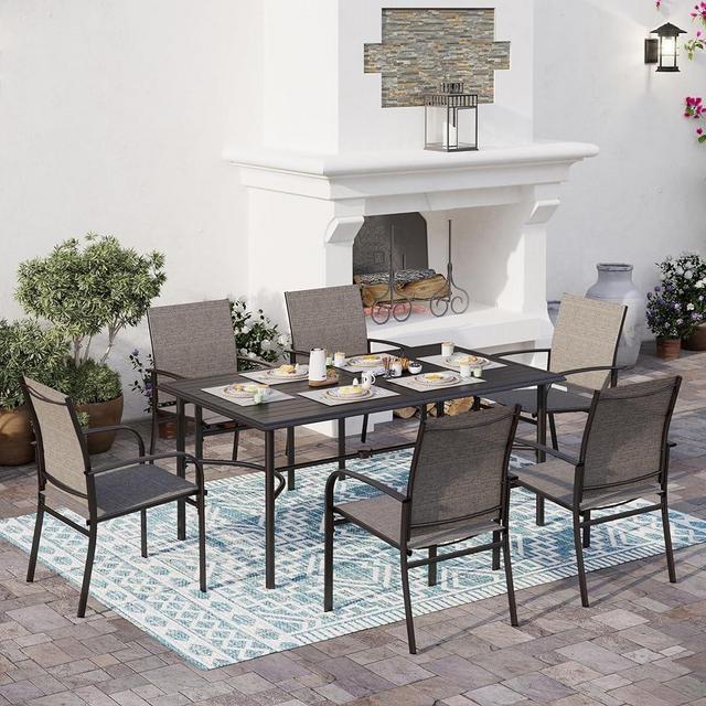 SUNSHINE VALLEY Patio Dining Sets for 7 Pcs,6 Stable Outdoor Dining Brown Chairs 66.9X 38x29.1 Rounded Support Dining Table Metal Frame Outdoor Kitchen Lawn Garden,Bistro Patio Dining Sets.