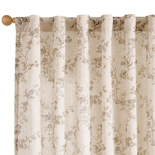 Lazzzy Farmhouse Linen Curtains Taupe Floral Curtains 96 Inch Length Back Tab Drapes for Living Room Bedroom Light Filtering Country Vintage Rod Pocket Curtain, 2 Panels, Taupe on Beige