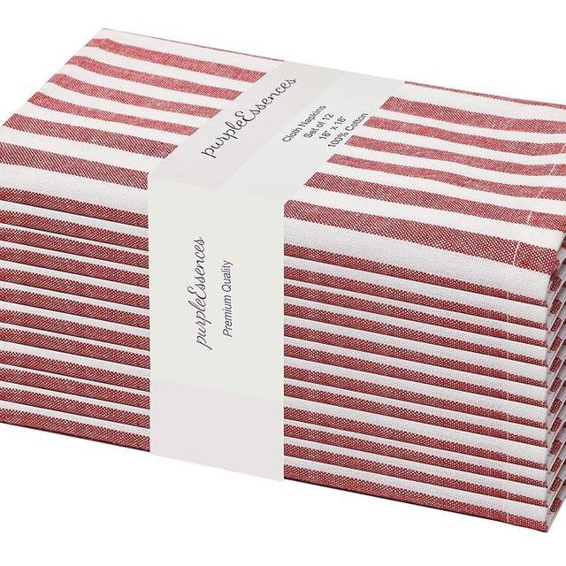 PurpleEssences Plain Striped Cloth Napkins - Set of 12-100% Cotton - 18 x 18 Inch - Spring and Summer - Perfect Everyday Use Dinner Napkin - Red and White