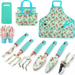 Garden Tools Set WANCHI 10 Piece Heavy Duty Floral Garden Tool Set Gardening Gifts for Women Men Birthday Rust-Proof Aluminum Garden Hand Tools Gardening Kit with Tote Bag Apron Glove