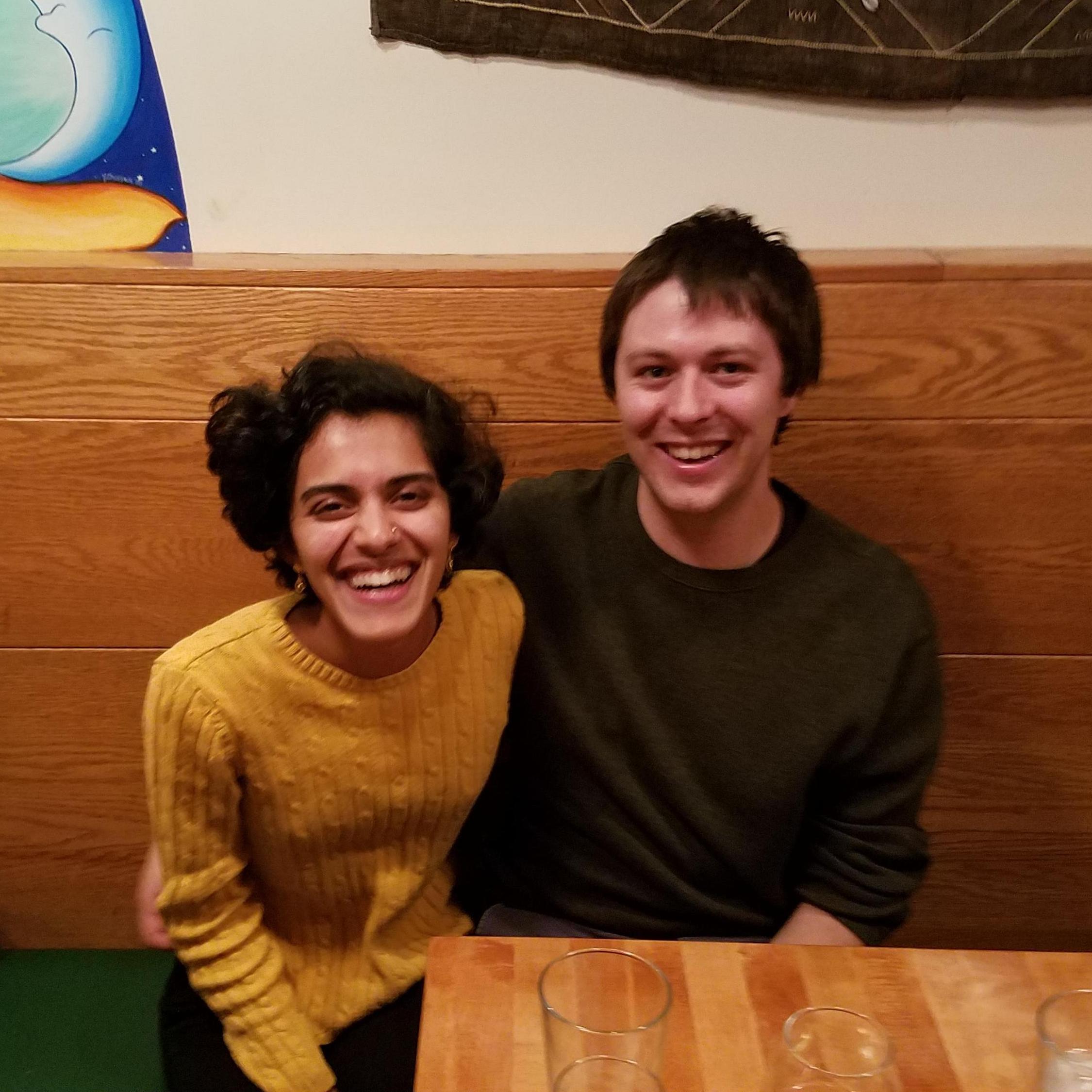 Celebrating our third anniversary of our first date; photo taken by a very enthusiastic and friendly server at Vine Street Pub and Brewery in Denver.