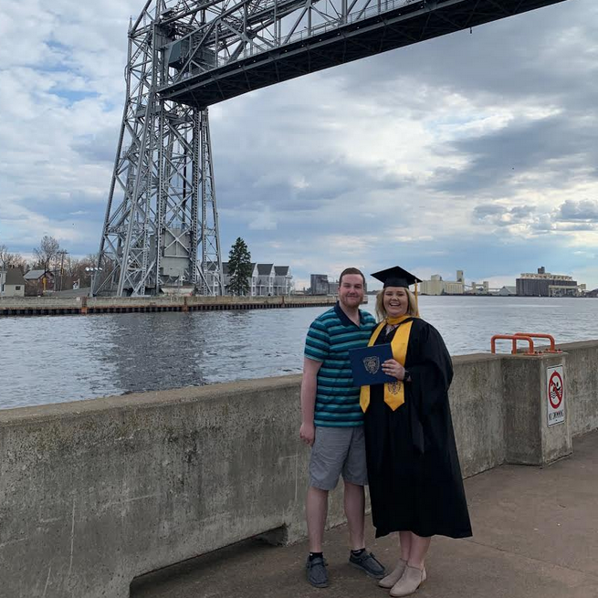 This picture was taken by the Lift Bridge in Duluth on Mikayla's Graduation Day from St. Scholastica with her Master's Degree!