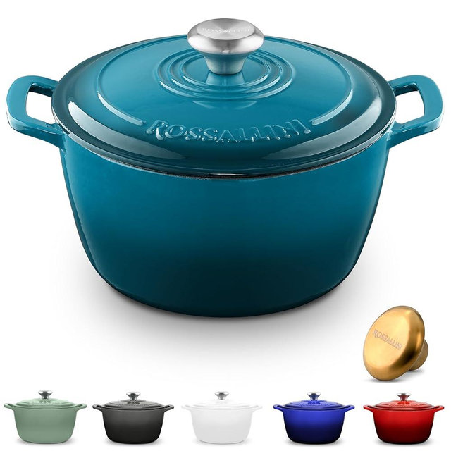 ROSSALLINI Signature Enameled Cast Iron Dutch Oven, Non-Stick Serving Pot with Tight Fitting Lid for Perfect Roasting, Baking, Sauteing, and Bread Making | 5.5Q (5.2L) - Ocean Blue
