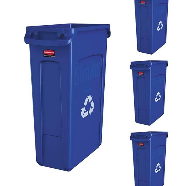 Slim Jim Trash Can Waste Bin with Venting Channels, Blue Recycling, (Pack of 4)