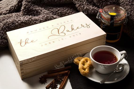 Personalized Tea Box, Keepsake Box, Engraved Wooden Box, Kitchen Box, 5th Anniversary Gift, Wedding Gift, Small Housewarming Gift