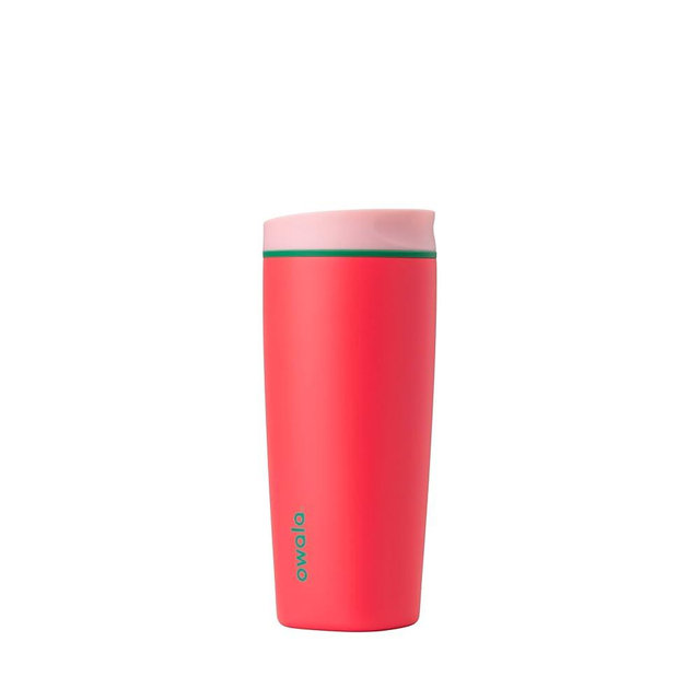 Owala SmoothSip Slider Insulated Stainless Steel Coffee Tumbler, Reusable Iced Coffee Cup, Hot Coffee Travel Mug, BPA Free 20 oz, Pink/Red (Strawberry Fields)