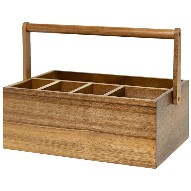 VaeFae Acacia Silverware Caddy with Handle, Wooden Utensil Holder, Mulip-pose Organizer for Kitchen, Office, Bathroom, Bedroom (Large, 5 compartments)