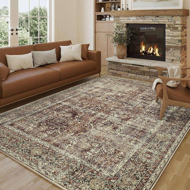 PureCozy Vintage Area Rug 5x7 Rust Red Bedroom Rug Indoor Kitchen Washable Living Room Carpet Tribal Distressed Rug Retro Accent Throw Rug for Office Dining Room Bathroom Faux Wool