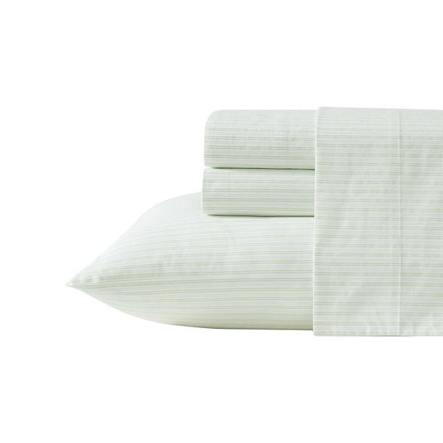 Laura Ashley - King Sheet Set, Crisp & Cool Cotton Percale Bed Sheets, Deep Pockets, Striped Bedding with Matching Fitted Sheet & Pillowcases (Bedford Skinny Stripe Green)