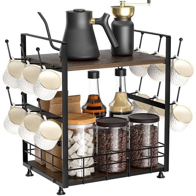 PONEYA 2 Tier Coffee Bar Organizer for Countertop, Coffee Mug Holder with 12 Hooks, Space-Saving Coffee Cup Stand for Storage Cups, Mugs, Syrups, Tea Bag, Kitchen Home Accessories