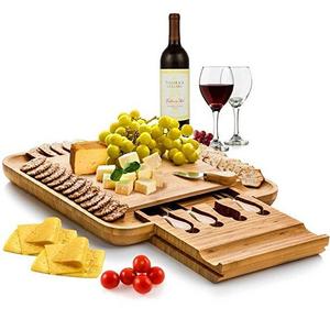 Bamboo Cheese Board with Cutlery Set, Wood Charcuterie Platter and Serving Meat Board with Slide-Out Drawer with 4 Stainless Steel Knife and Server Set - Perfect Gift Idea for Fathers day. By Bambusi