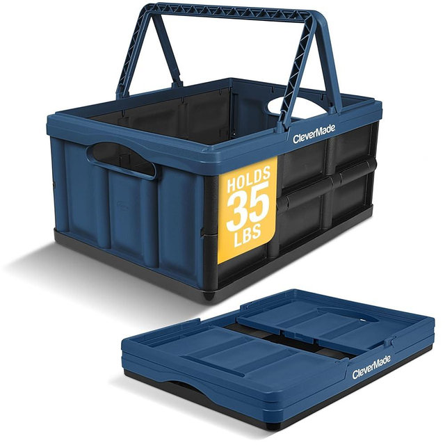 CleverMade Collapsible Shopping Basket 32L – Folding Grocery Basket with Handles, Stackable Reusable Storage Crate with 35 lb Capacity, Recycled Plastic, Car Trunk Organizer - Ocean Blue