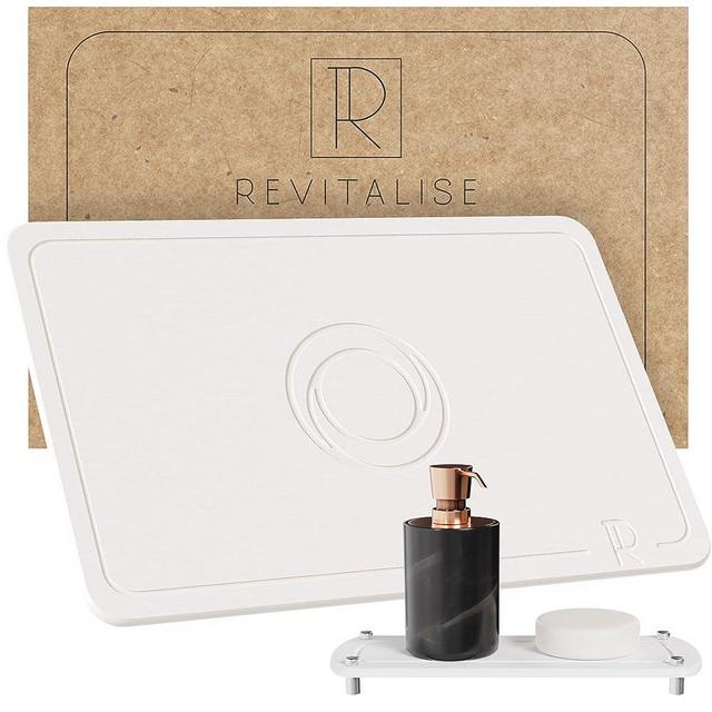 REVITALISE Stone Bath Mat (15.35" x 23.62") - Instant Drying Diatomaceous Earth Bath Mat, Stone Mat, and Non Slip Shower Mats w/Sink Caddy - Easy to Clean Bath Mats for Bathroom Tub, Kitchen and More