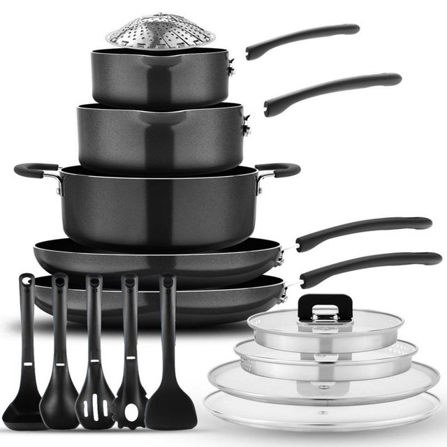NutriChef 17pc Stackable Nonstick Cookware Set – Stainless Steel, Induction Ready, Foldable Knob, Space-Saving, Nylon Tools, Black