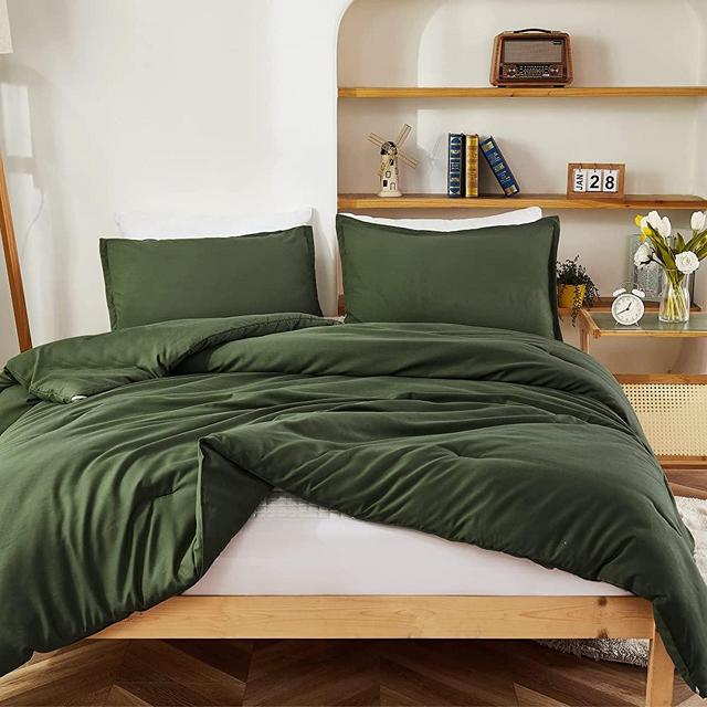 Litanika Olive Green Comforter Set King, 3 Pieces Boho Solid Bedding Comforter Set, All Season Boys Men Women Fluffy Bed Set (104x90In Comforter & 2 Pillowcases)