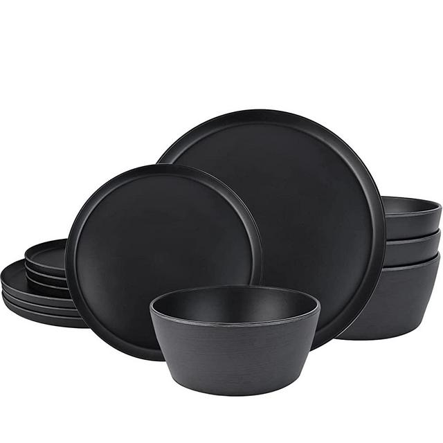 Melamine Dinnerware Set - 12 pcs Melamine Plates Indoor and Outdoor use Matte Black Plates and Bowls Dinnerware Sets Summer Fall Camping Dish Set for 4 Dishwasher Safe