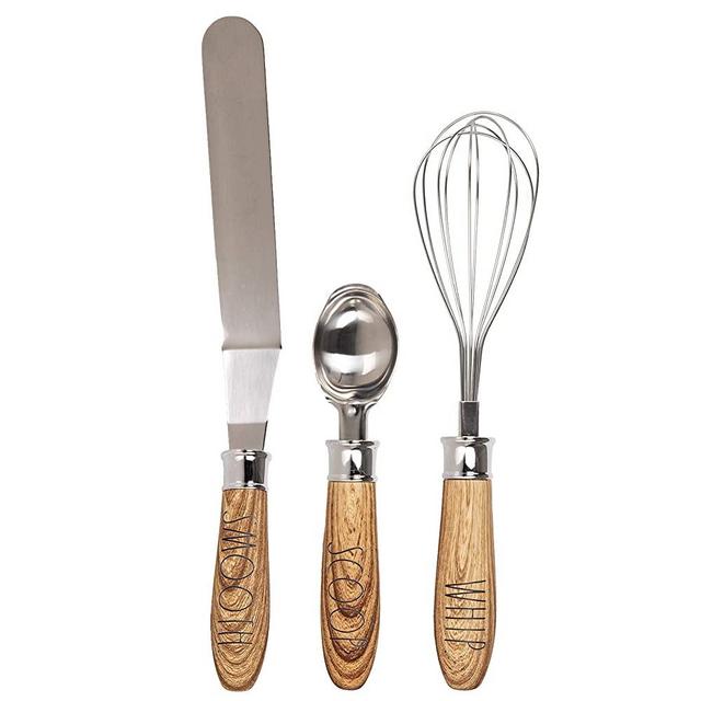 Rae Dunn Everyday Collection Dessert Set, Ice Cream and Cookie Dough Scoop, Spreader, and Whisk with Wooden Handles