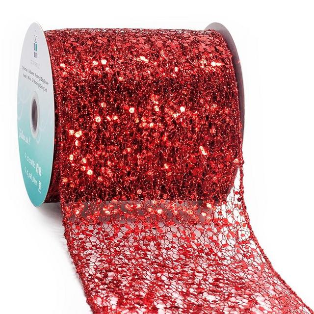 CT CRAFT LLC Sparkling Glitter Mesh Wired Ribbon 4" x 10 Yards Red for Christmas Home Decor Bow Gift Wrapping DIY Crafts Wreath