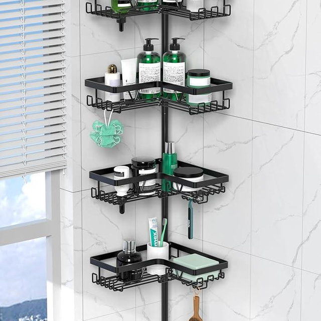DAOYA Corner Shower Caddy Tension Pole - 4 Tier Stainless Steel Rustproof Shower Corner Caddy for Bathroom Shower Organizer Shelves Adjustable Pole 25-114.2 Inch Black
